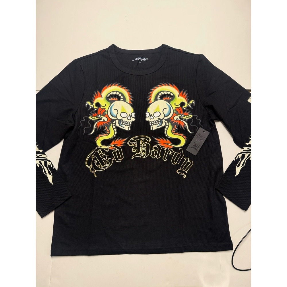 Ed Hardy Y2K‎ Thermal Long Sleeve Men's Large Black Dragon Skull Waffle Knit NWT